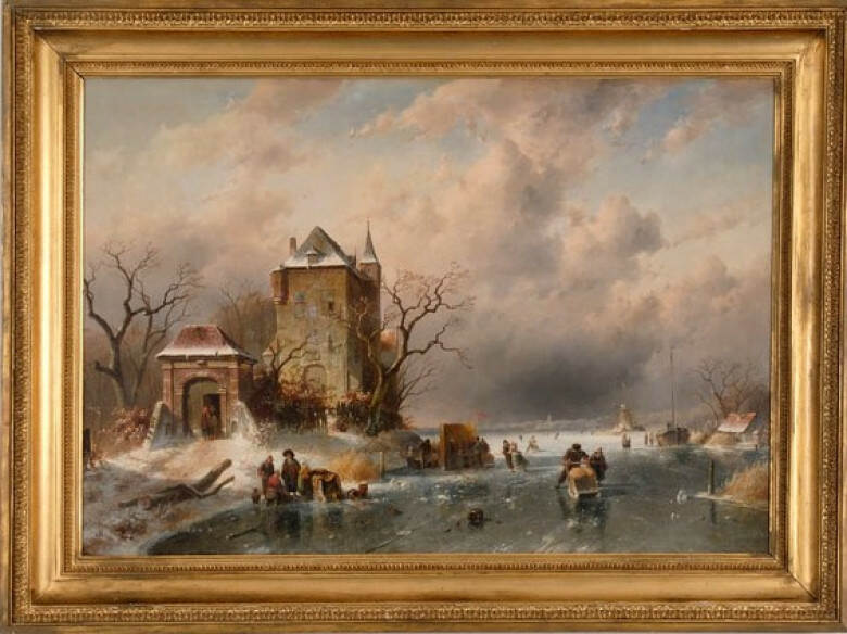 Olieverfschilderij voorstellende winterlandschap met schaatsers