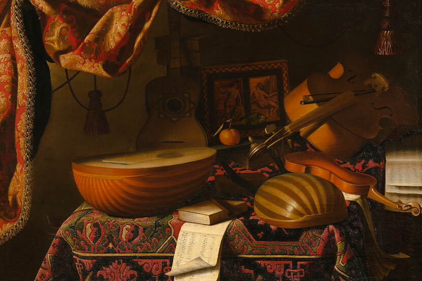 Het schilderij van Bettera, B. - Stilleven met violen, luiten, gitaar, harp en globe, NK2134