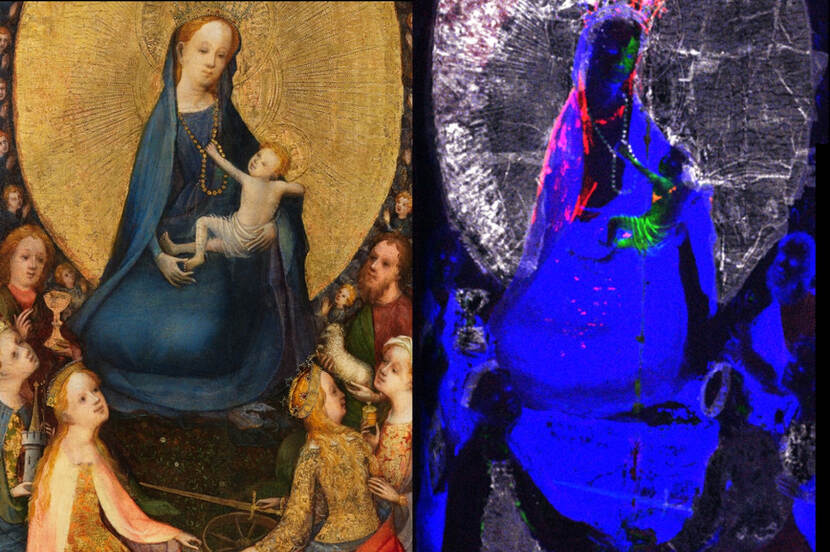 Twee beelden naast elkaar van een schilderij met de heilige Madonna