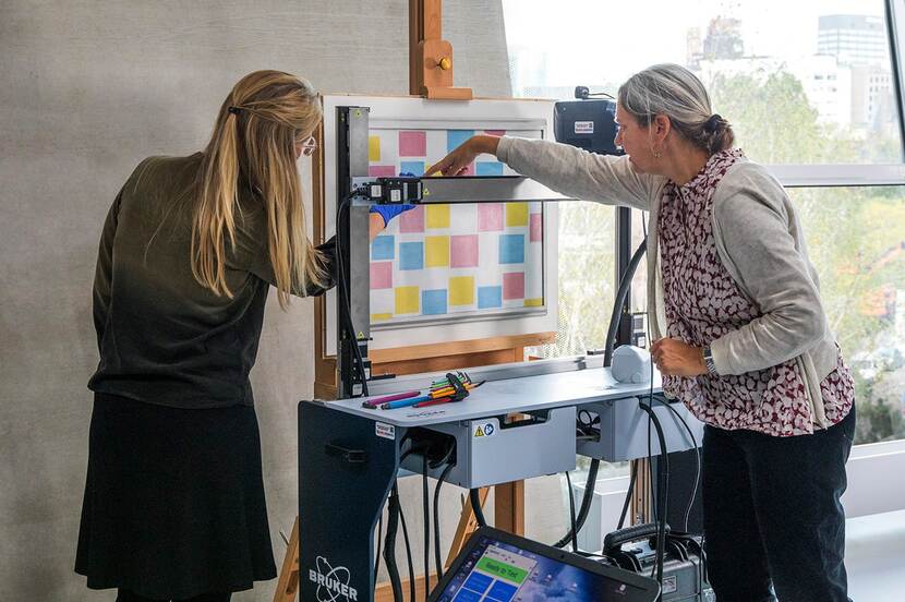 Twee onderzoekers bestuderen Compositie met kleurvlakjes uit 1917 van Piet Mondriaan