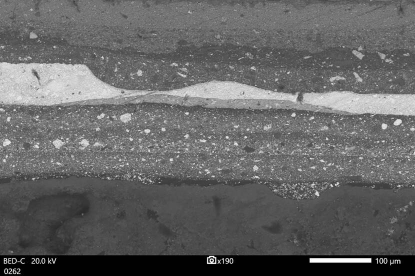 Doorsnede van verfmonster onder microscoop in zwart-wit