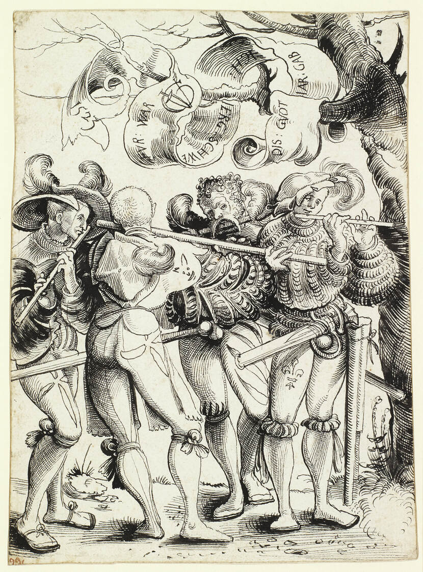 Twee Zwitserse burgers en twee soldaten spelen dwarsluit op een prent van Urs Graf uit 1523