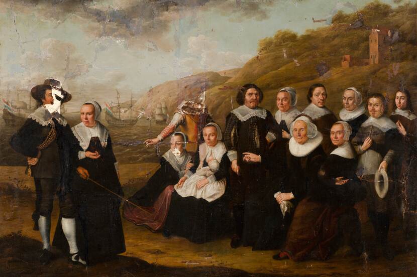 Schilderij uit de 17e eeuw met groep personen. Van een paar mensen is het hoofd weggekrast.