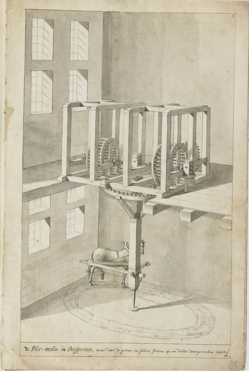Oude tekening van een Muntpers in potlood