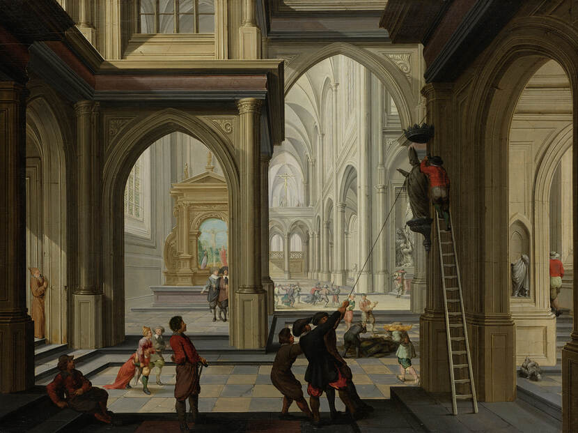 Schilderij Dirck van Delen, Beeldenstorm in een kerk, 1630, met daarop een kerkinterieus en mensen die beelden vernielen
