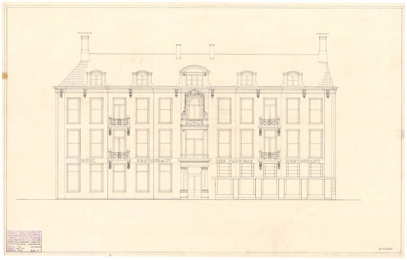 Bouwtekening op geel papier van de gevel van Hotel des Pays-Bas in Utrecht
