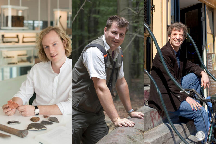 Alexander van de Bunt, adviseur archeologie bij Landschap Erfgoed Utrecht (l), Martijn Harms, boswachter bij Staatsbosbeheer (m) en Michiel van de Burght (r), adjunct-directeur van Stadsherstel Amsterdam