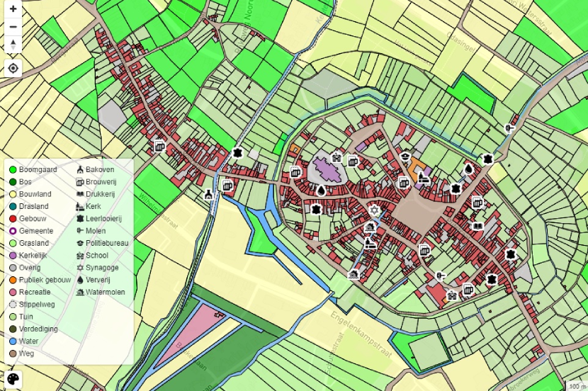 Klik je op een perceel, dan krijg je informatie over de panden en de eigenaars in 1842.