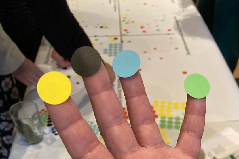 Hand met vingers waar gekleurde ronde stickertjes opstaan