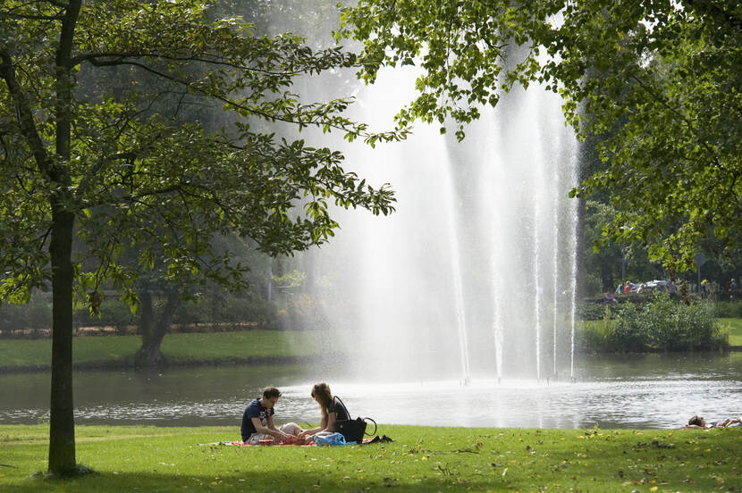 Mensen zitten in het gras, in een park