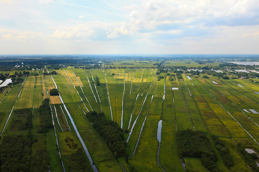 Klassiek veenweide polderlandschap ontstaan door het winnen van veen (vervening), stroken verkaveling. Oostelijke Binnenpolder van Tienhoven, Polder Maarssenveen, gezien naar Tienhoven en Maarssen.