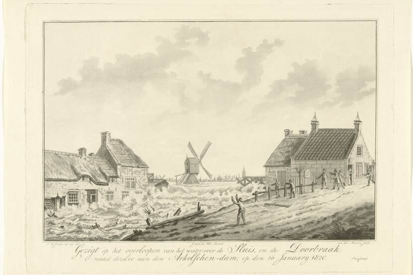 Een prent van Cornelis de Jonker met als onderschrift: ‘Gezigt op het overloopen van het water over de Sluis, en de Doorbraak naast dezelve aan den Arkelschen-dam, op den 26 January 1820’.