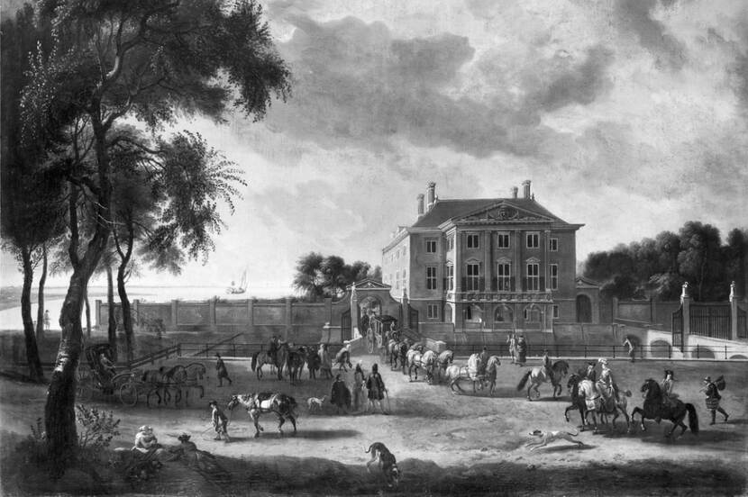 Afbeelding van het schilderij van het huis Zwanenburg, geschilderd door Dick Maas in 1702