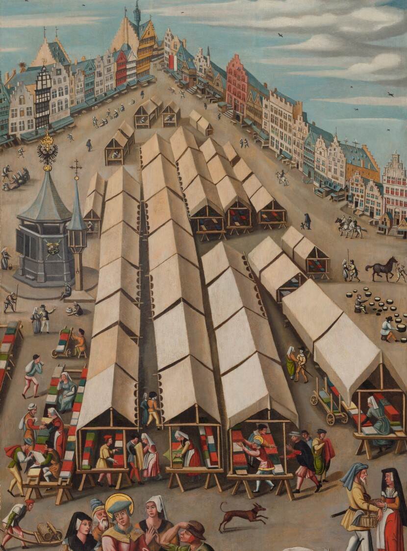 Schilderij met daarop de Lakenmarkt in 's Hertogenbosch met de Bossche waterput aan de linkerkant in beeld.