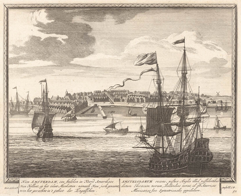 Schets met daarop: Gezicht op een klein stadje aan een rivier, voorstellend Nieuw Amsterdam, thans New York, 1680 – 1709