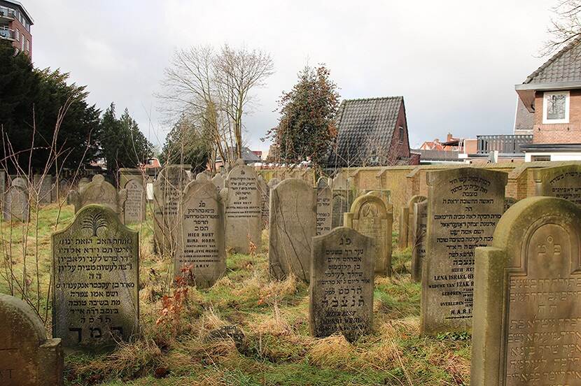 een overzicht van talloze grafmonumenten in hoog gras met rondom bebouwing