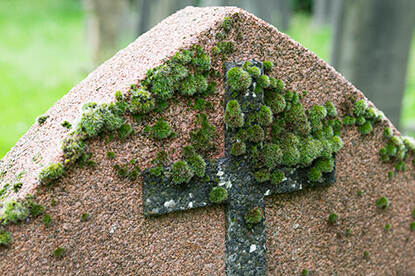 roodgekleurde grafsteen met grijs kruis vol met groen mos