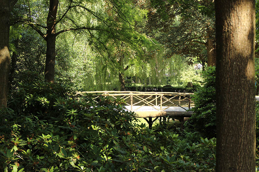 tussen de struiken en bomen door is een burg te zien die lijkt alsof die van hout gemaakt is.