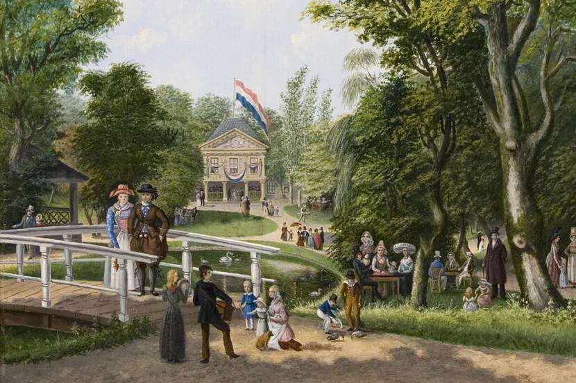 Schilderij van feestende figuren in Prinsentuin te Leeuwarden in de 19e eeuw