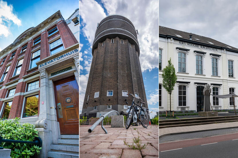 Drie finalisten van de Erfgoed Duurzaamheidsprijs 2022: het Elevatorhuis in Rotterdam, watertoren De Reusch in Schimmert en het Oldschool Hotel in Winterswijk.