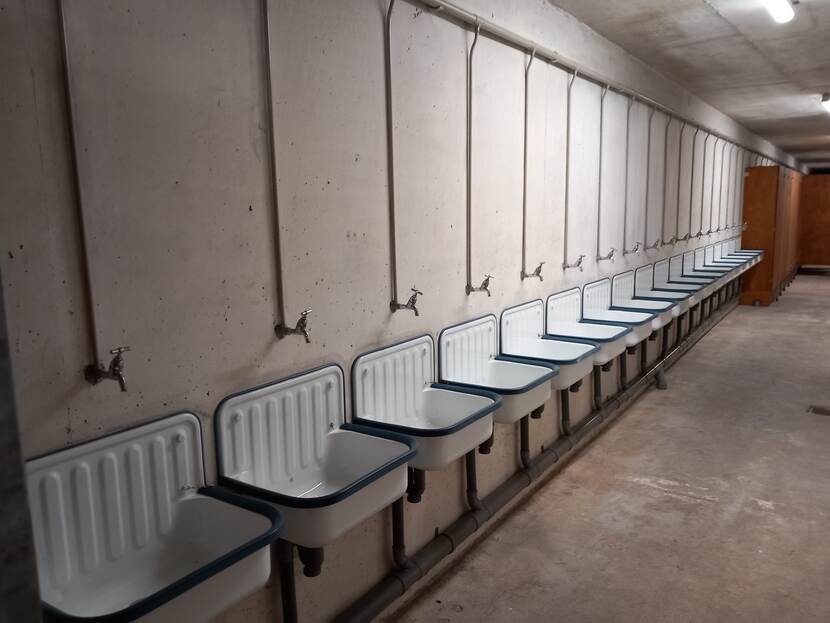 Rij van wastafels met een kraan erboven