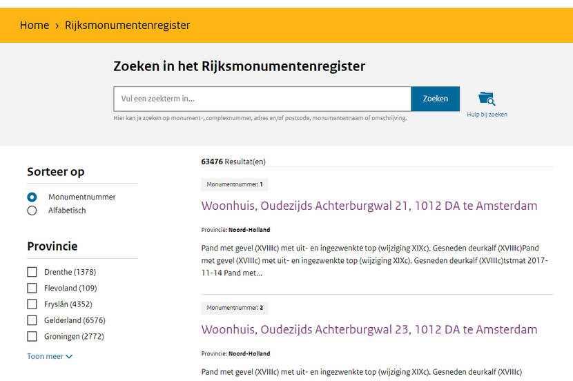 Screenshot van de startpagina van het monumentenregister