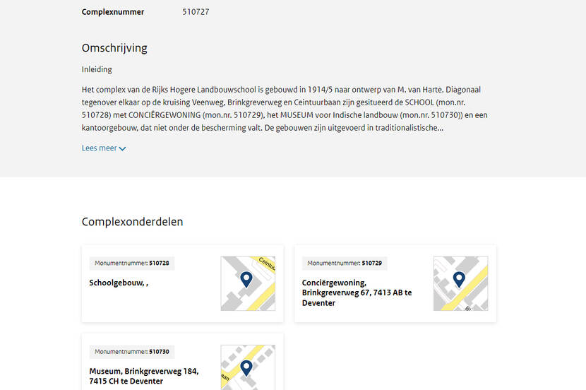 Screenshot van een complexpagina in het monumentenregister met tegels voor de bijbehorende monumenten