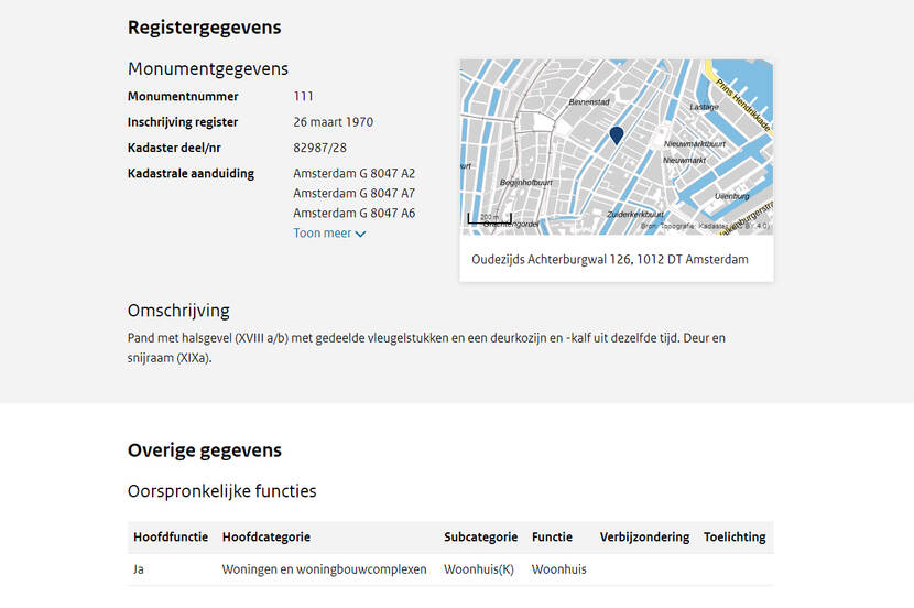 Screenshot van een detailpagina van het monumentenregister met onderscheid tussen registergegevens en overige gegevens