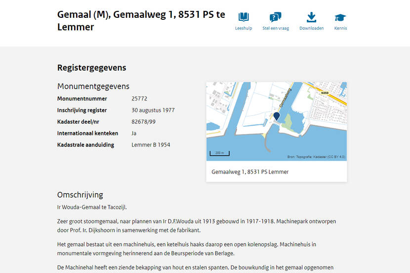 Screenshot van een detailpagina van het monumentenregister