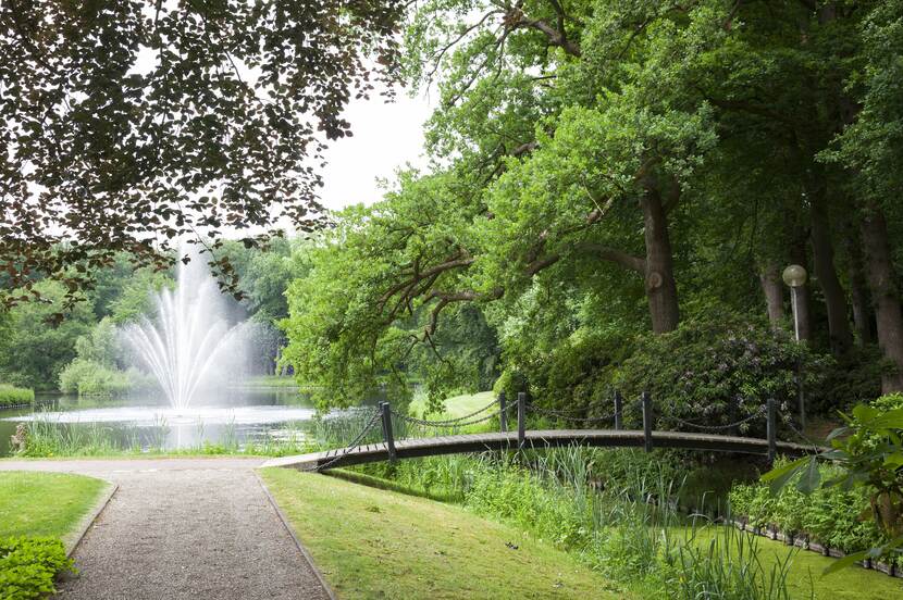 Park met fontein en brug