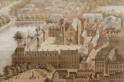 Gezicht in vogelvlucht van het Binnenhof, 1879