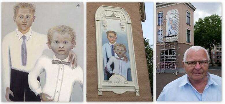 Van links naar rechts: portret van twee jongens, de muurschildering op Katendrecht en fotoportret Dirk van Bergem (foto Joop Reijngoud)