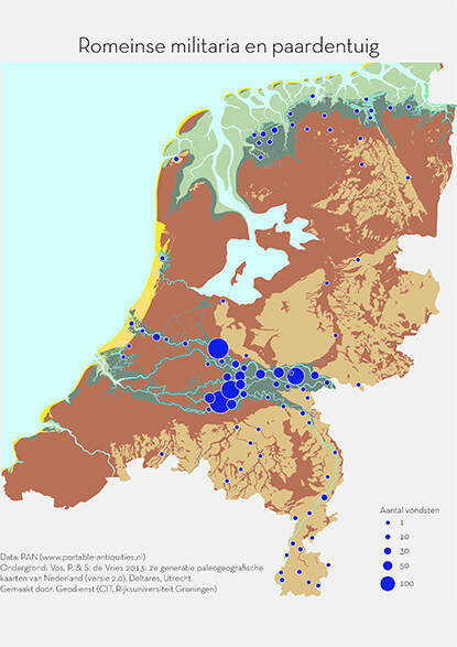 kaart met vindplaatsen van Romeinse militaria en paardentuig