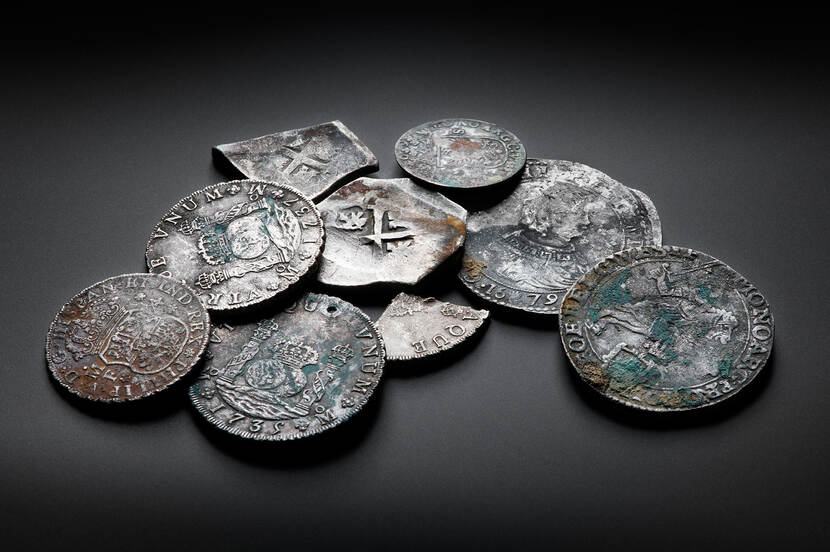 Gevonden munten in het scheepswrak De Rooswijk1740.
