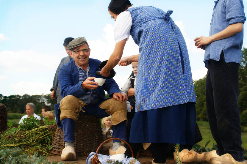 Aardappels rooien tijdens Cultuurhistorische optocht Saasveld