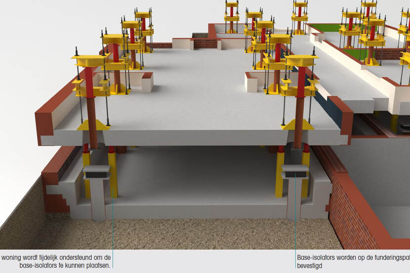 Artist impression van de base-isolatoren tussen twee betonplaten