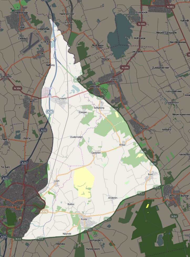 Kaart waarop het gebied van de Drentsche Aa is aangegeven