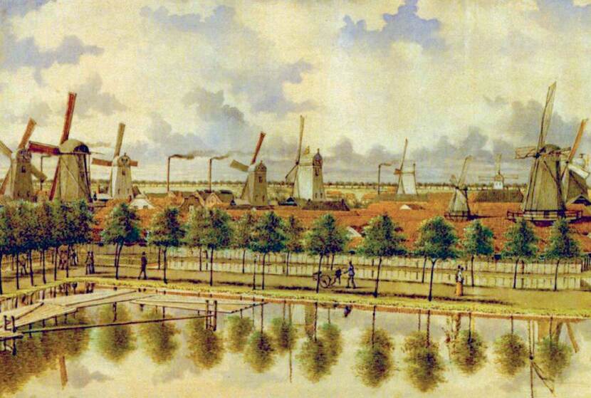 Schilderij van veel windmolens die langs een kanaal staan