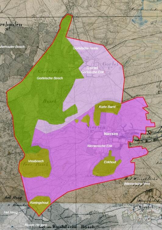 Een kaart waarop in paars en groen de buurtschappen Gortel en Niersen zijn aangegeven