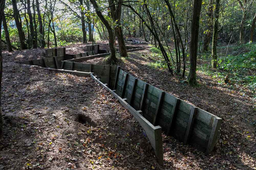 Gerestaureerde loopgraaf in het bos