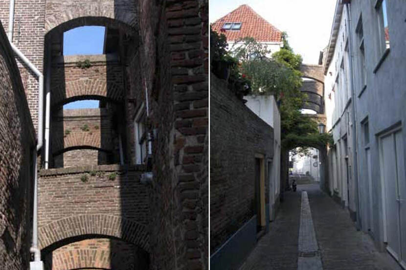 Historische details, zoals een doorkijkje in de binnenstad van Kampen