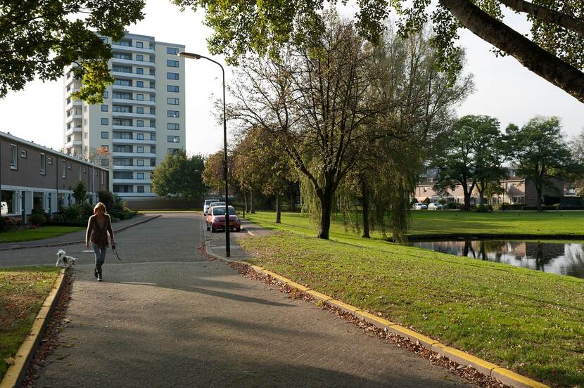 Een straat langs een flatgebouw met rechts veel bomen, gras en een vijver