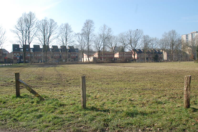 Een grasveld midden in een wijk