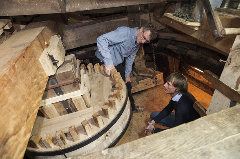 De bonkelaar en het bovenwiel van het binnenwerk van de molen