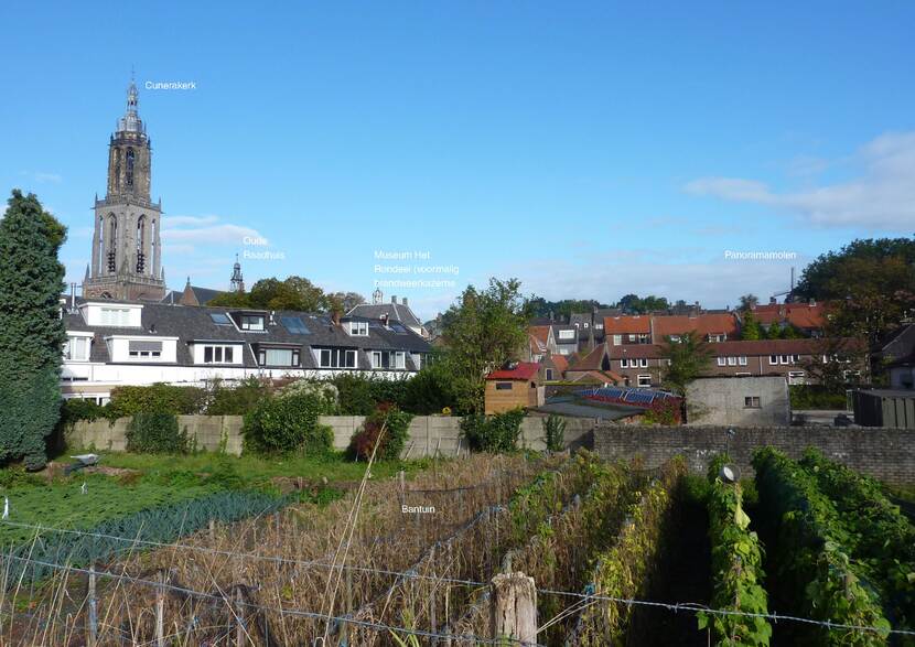 Tuin met op de achtergrond een kerk en een aantal woningen