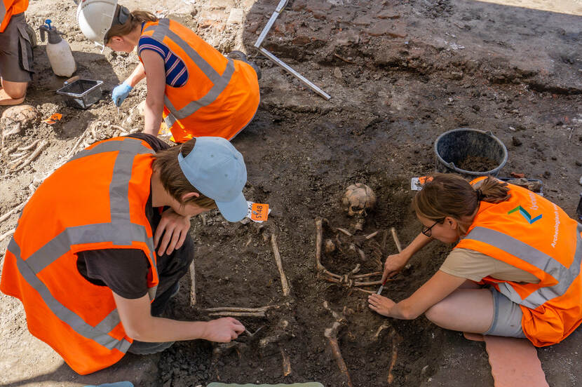 Bovenaanzicht van archeologen die aan het werk zijn op de vindplaats van de skeletten