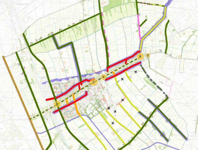 Kaart waarop in verschillende kleuren lijnen zijn aangebracht langs wegen