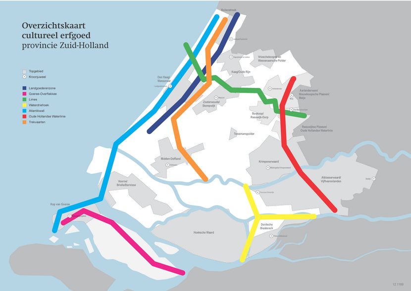 Kaart met erfgoedlijnen provincie Zuid-Holland