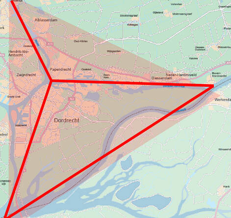 De Waterdriehoek op de kaart ingetekend