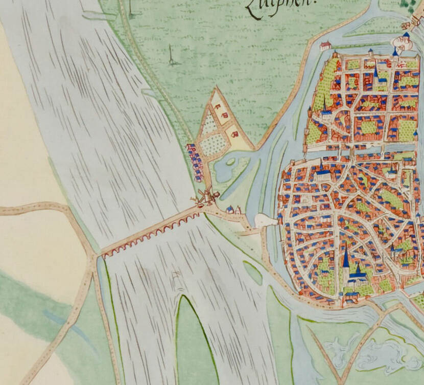Een oudere, getekende kaart van een rivier die langs Zutphen loopt.